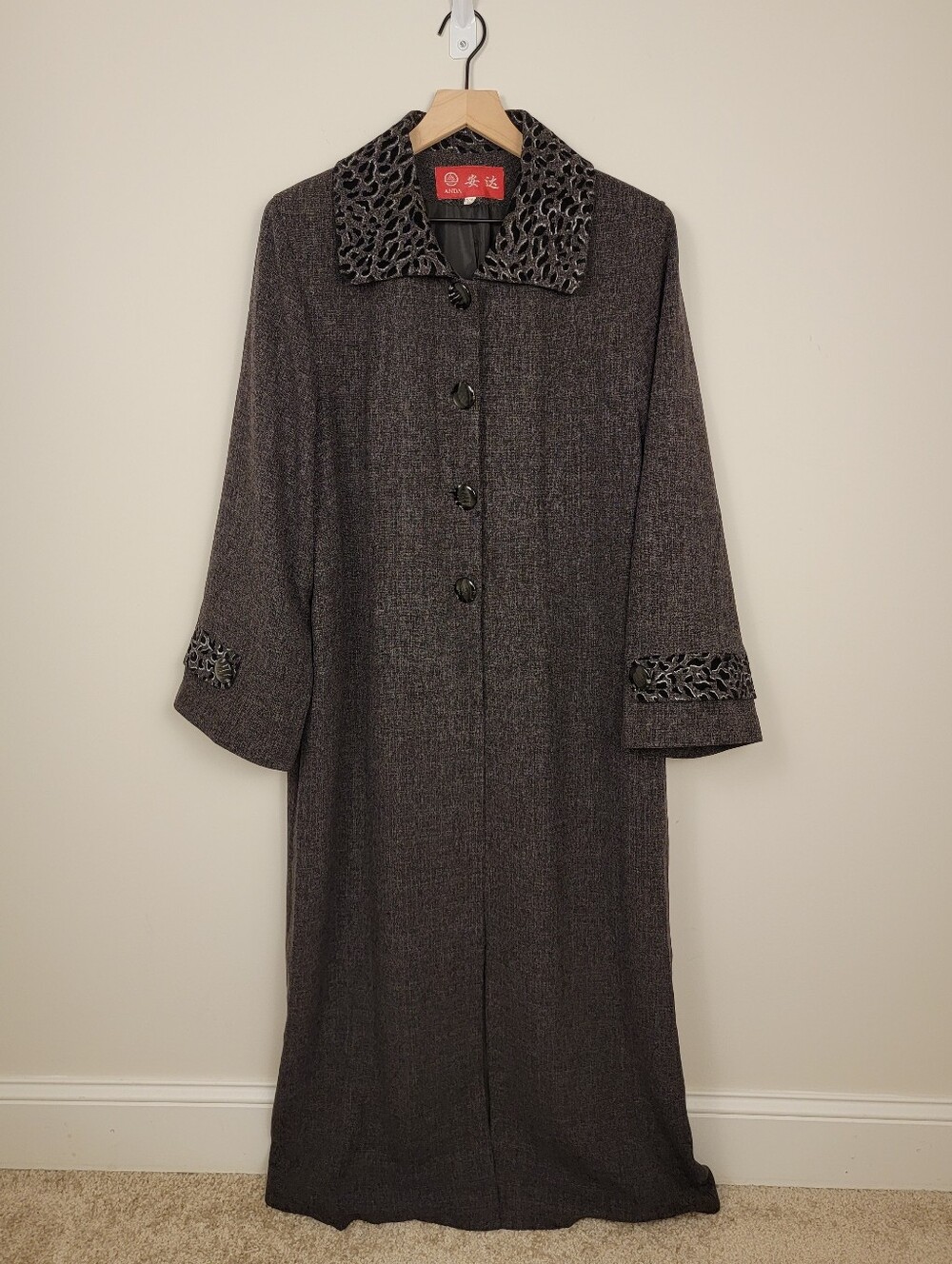 Vintage ANDA Gray Linen Blend Maxi Coat Textured Leopard Velvet Collar XL